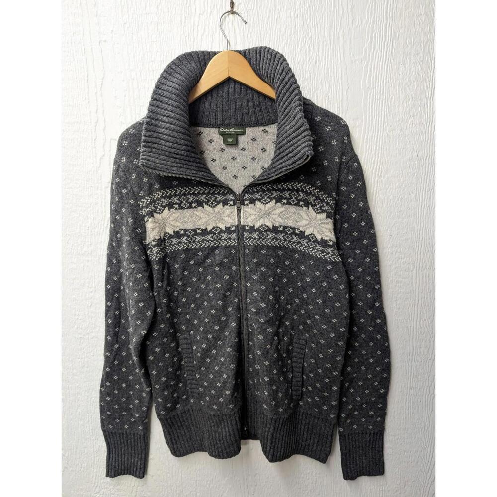 Eddie Bauer Nordic Snowflake Cardigan Sweater Wool Blend Full Zip Men's XL Tall